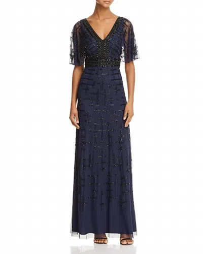AIDAN MATTOX V-NECK CAPE SLEEVE EMBELLISHED DRESS IN TWILIGHT