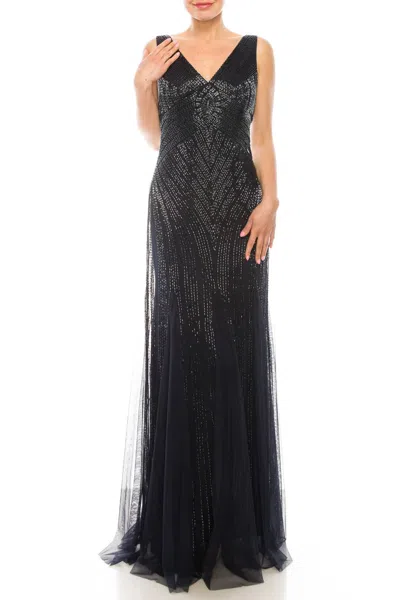 AIDAN MATTOX V-NECK SLEEVELESS BEADED EVENING GOWN IN TWILIGHT
