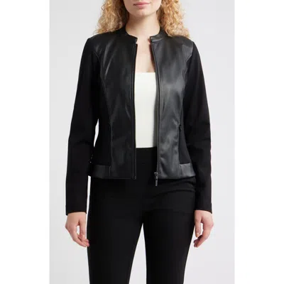AK ANNE KLEIN AK ANNE KLEIN FAUX LEATHER MIXED MEDIA JACKET