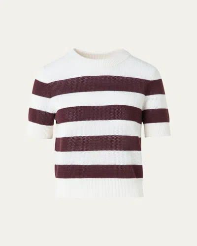 AKRIS PUNTO STRIPED COOL WOOL MESH KNIT SHORT-SLEEVE SWEATER