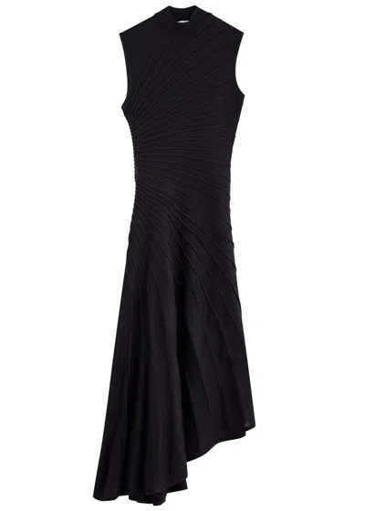 ALAÏA ALAÏA ASYMMETRIC RIBBED WOOL MIDI DRESS