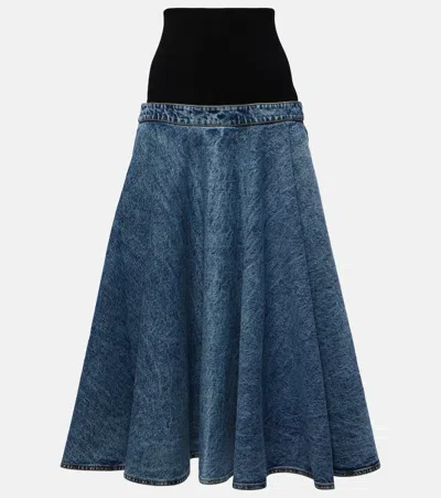 ALAÏA DENIM AND COTTON JERSEY MIDI SKIRT