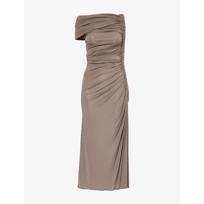 ALAÏA WOMENS TAUPE PIPE RUCHED STRETCH-WOVEN MIDI DRESS