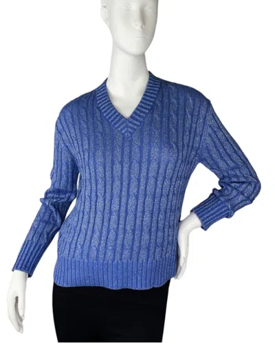 ALASHAN CASHMERE HAZEL LUREX CABLE V NECK SWEATER IN CRUISE BLUE