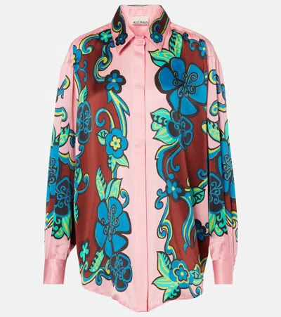 ALEMAIS FLORAL PUFF-SLEEVE SILK SATIN SHIRT