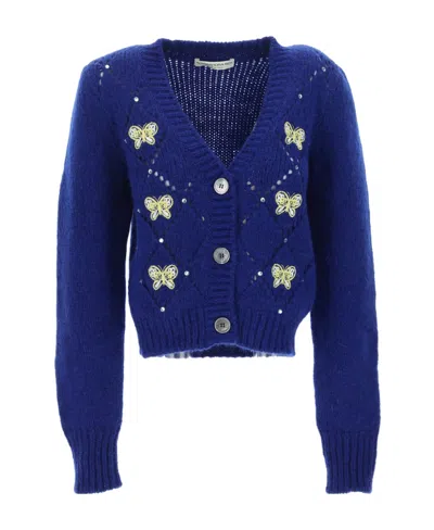 ALESSANDRA RICH BUTTERFLY-EMBROIDERED POINTELLE CARDIGAN