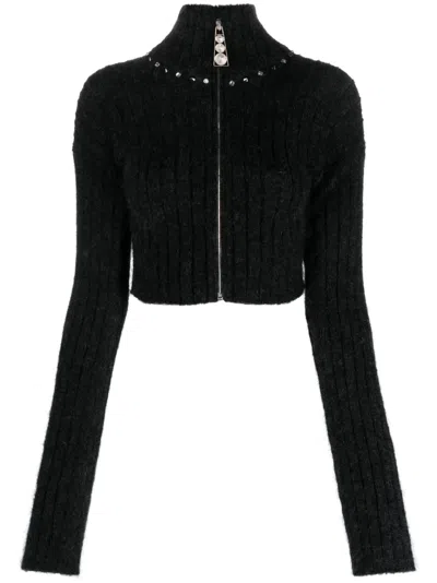 ALESSANDRA RICH EMBELLISHED RIBBED-KNIT CARDIGAN