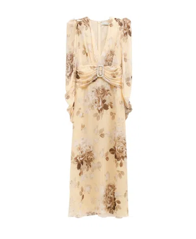 ALESSANDRA RICH FLORAL-PRINT BELTED SILK DRESS