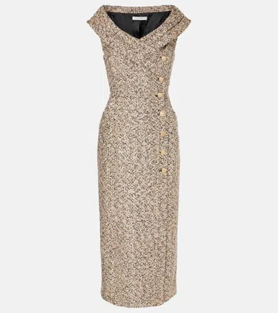 ALESSANDRA RICH OFF-SHOULDER TWEED LAMÉ MIDI DRESS