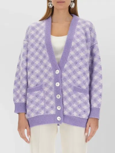ALESSANDRA RICH RIBBED V-NECK CARDIGAN WITH FRONT POCKETS