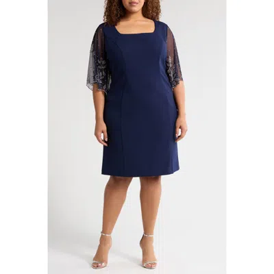 ALEX EVENINGS ALEX EVENINGS BEADED SLEEVE STRETCH CREPE COCKTAIL SHEATH DRESS