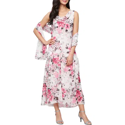 ALEX EVENINGS ALEX EVENINGS FLORAL SLEEVELESS BURNOUT CHIFFON DRESS WITH SHAWL