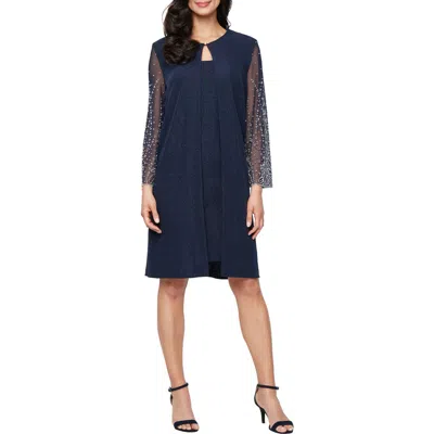 ALEX EVENINGS ALEX EVENINGS METALLIC KNIT COCKTAIL DRESS WITH EMBELLISHED JACKET