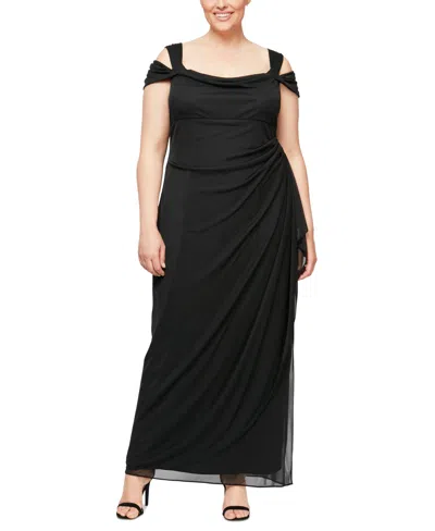 ALEX EVENINGS PLUS SIZE DRAPED COLD-SHOULDER EVENING DRESS