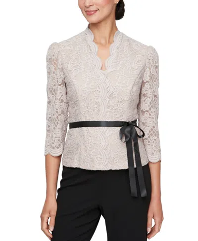 ALEX EVENINGS WOMEN'S LACE BELTED 3/4-SLEEVE BLOUSE