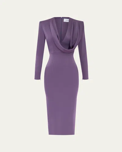 ALEX PERRY DRAPED COWL-NECK STRONG-SHOULDER SATIN CREPE MIDI DRESS