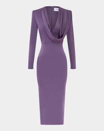 ALEX PERRY DRAPED COWL-NECK STRONG-SHOULDER SATIN CREPE MIDI DRESS