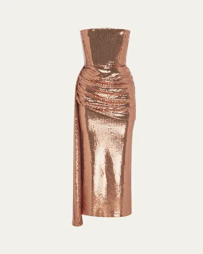 ALEX PERRY STRAPLESS DRAPED SEQUIN MESH MIDI DRESS