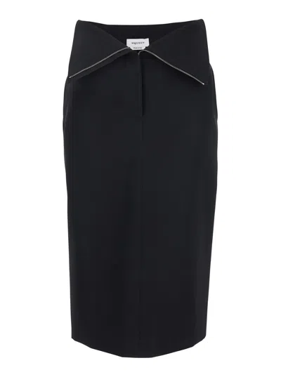 ALEXANDER MCQUEEN ALEXANDER MCQUEEN WOMEN BLACK SKIRT WITH FOLDOVER WAIST AND REAR SINGLE SLIT IN WOOL WOMAN