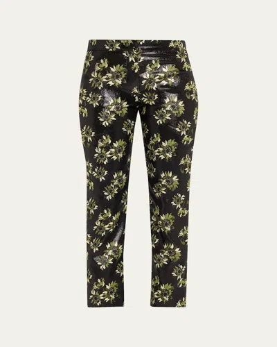 ALEXANDER MCQUEEN LACQUERED SUNFLOWER JACQUARD SLIM-LEG ANKLE PANTS
