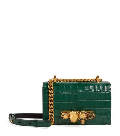 ALEXANDER MCQUEEN SMALL CROC-EMBOSSED LEATHER JEWELLED SATCHEL BAG