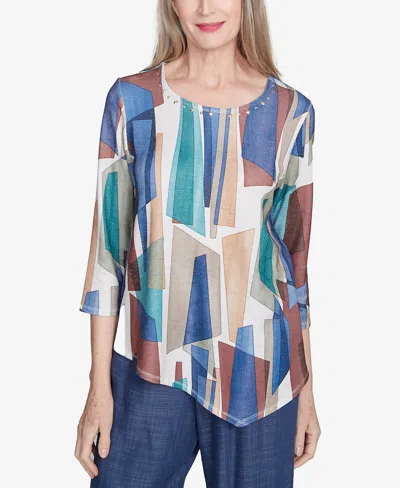 ALFRED DUNNER WOMEN'S SUMMER SOLSTICE ABSTRACT STAINED GLASS CREW NECK TOP