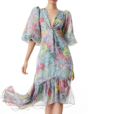 ALICE AND OLIVIA ALICE + OLIVIA KATIA TWIST-FRONT FLORAL CUTOUT HIGH LOW DRESS IN LOLA'S DREAM