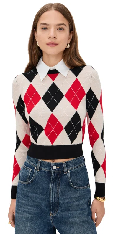 ALICE AND OLIVIA CAROLANN ARGYLE PULLOVER WITH WOVEN COLLAR OATMEAL HTR/BLACK/PERFECT RUBY