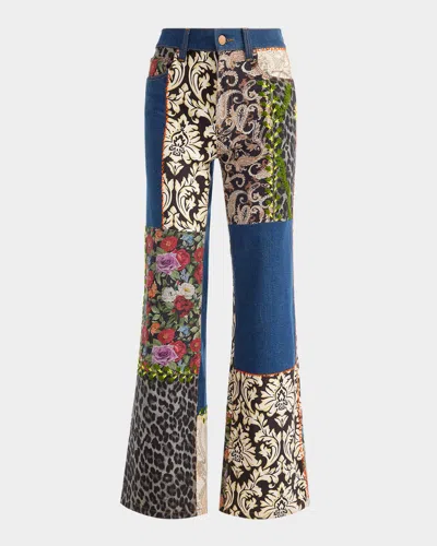 ALICE AND OLIVIA WEEZY HIGH-RISE MIXED-MEDIA PATCHWORK JEANS