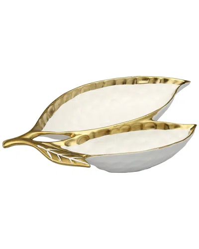 ALICE PAZKUS ALICE PAZKUS 15IN GOLD WHITE PORCEALIN LEAF RELISH DISH WITH GOLD RIM