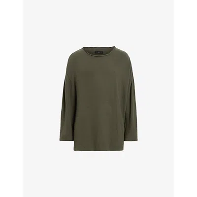 ALLSAINTS MENS NEO GREEN SEARS CREW-NECK LONG-SLEEVE ORGANIC-COTTON T-SHIRT