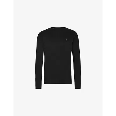 ALLSAINTS MENS JET BLACK BRACE EMBROIDERED-APPLIQUÉ COTTON T-SHIRT