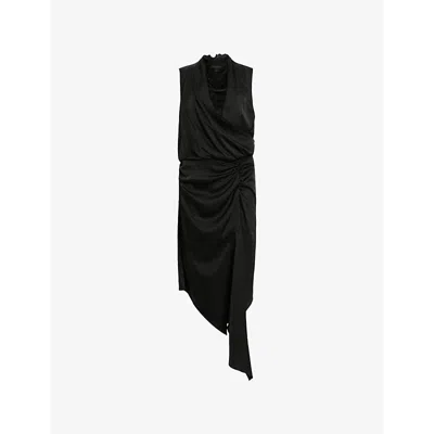 ALLSAINTS WOMENS BLACK ABI LACE-TRIM DRAPED SATIN MIDI DRESS