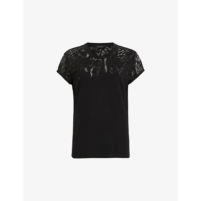 ALLSAINTS WOMENS BLACK ANNA SNAKE-EMBROIDERED SHORT-SLEEVE COTTON T-SHIRT