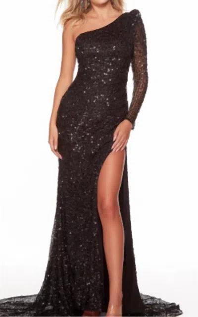ALYCE PARIS ONE SHOULDER MESH SEQUIN GOWN IN BLACK