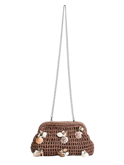 AMERICA & BEYOND WOMEN'S CROCHET SHELL CLUTCH IN BROWN
