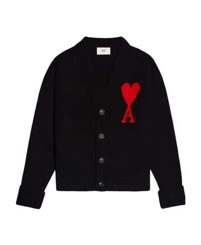 AMI ALEXANDRE MATTIUSSI AMI PARIS AMI DE COEUR LOGO INTARSIA KNITTED BUTTONED CARDIGAN