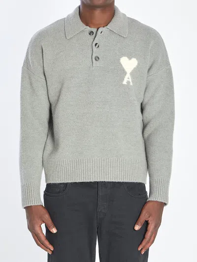 AMI ALEXANDRE MATTIUSSI AMI PARIS AMI PARIS WOOL POLO SWEATER WITH AMI DE COEUR LOGO