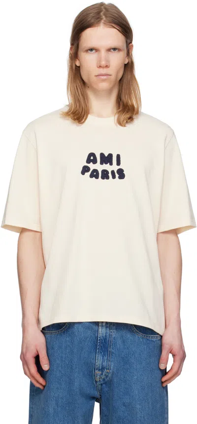 AMI ALEXANDRE MATTIUSSI BEIGE COTTON 'AMI PARIS' PATCH T-SHIRT