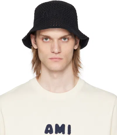 AMI ALEXANDRE MATTIUSSI BLACK KNIT 'AMI' PATCH BUCKET HAT