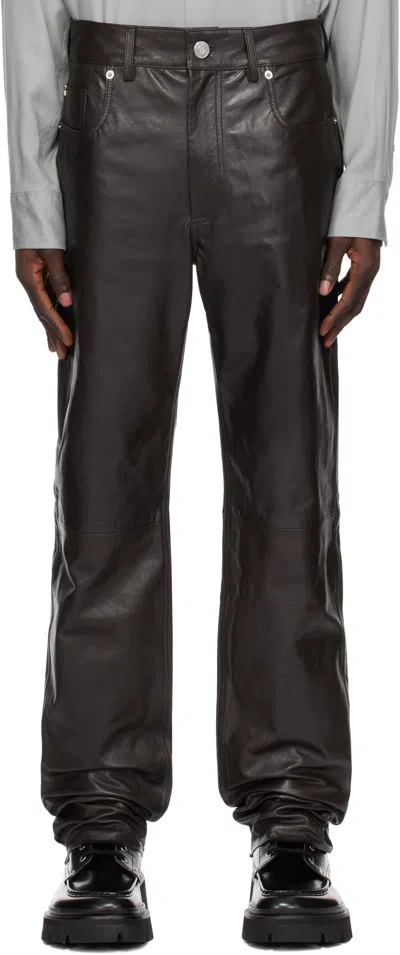 AMI ALEXANDRE MATTIUSSI BROWN STRAIGHT FIT LEATHER PANTS