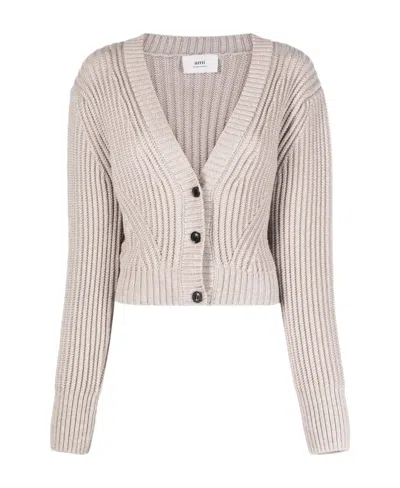 AMI ALEXANDRE MATTIUSSI CROPPED RIBBED-KNIT CARDIGAN