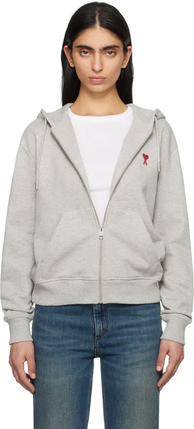 AMI ALEXANDRE MATTIUSSI GRAY COTTON AMI DE COEUR ZIPPED HOODIE