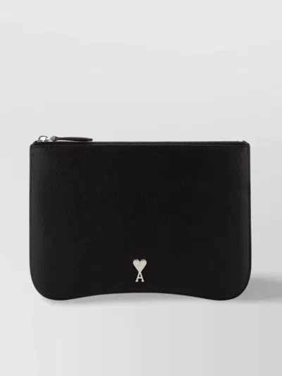AMI ALEXANDRE MATTIUSSI LEATHER CLUTCH WITH LOGO DETAIL AND ZIP