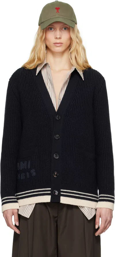 AMI ALEXANDRE MATTIUSSI NAVY WOOL RIBBED CARDIGAN