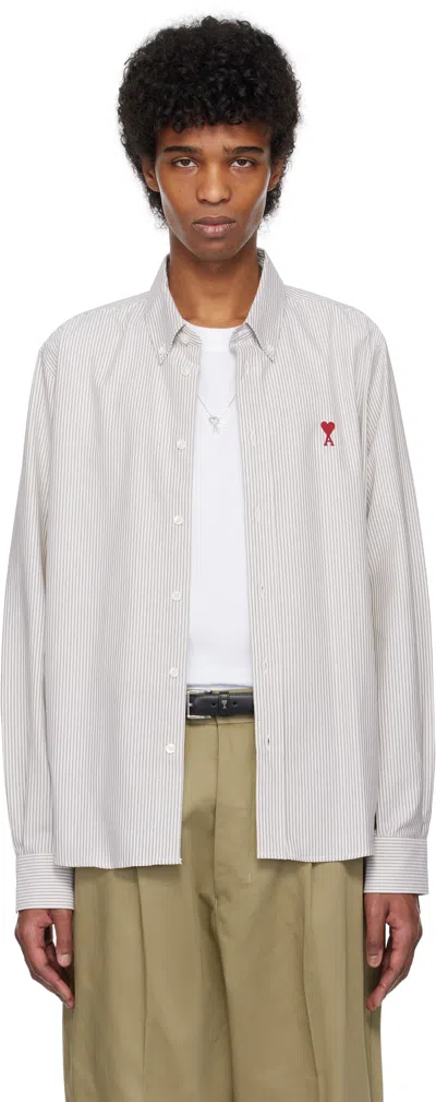 AMI ALEXANDRE MATTIUSSI TAUPE & OFF-WHITE COTTON BUTTON-DOWN AMI DE COEUR SHIRT