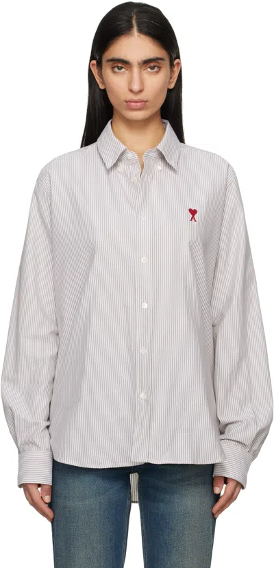 AMI ALEXANDRE MATTIUSSI TAUPE & OFF-WHITE COTTON BUTTON-DOWN AMI DE COEUR SHIRT