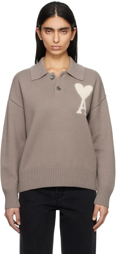 AMI ALEXANDRE MATTIUSSI TAUPE WOOL AMI DE COEUR POLO