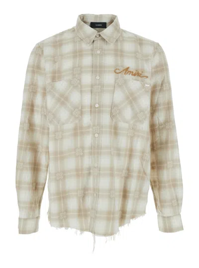 AMIRI BEIGE SHIRT WITH CHECK PATTERN AND LETTERING LOGO ON FRONT AND BACKIN FLANNEL MAN