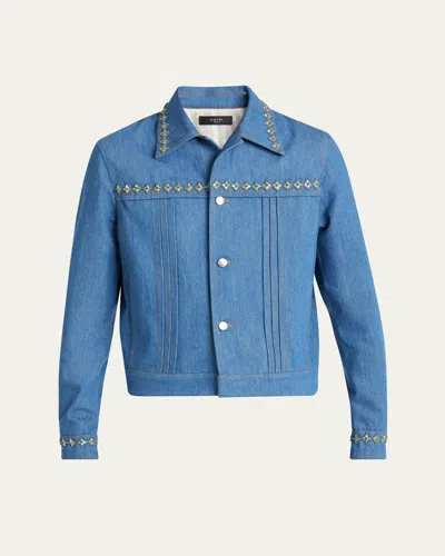 AMIRI MEN'S PLEATED CRYSTAL DENIM CADET JACKET